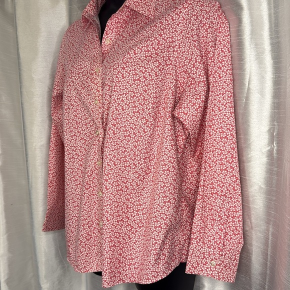 Lands’ End Women’s 20W Pink White Floral Microprint No Iron Pinpoint Oxford Top - Picture 2 of 7